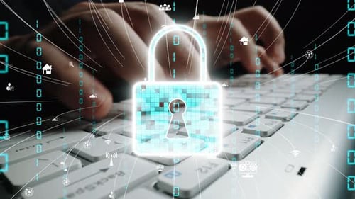 Digital Security Concept with Cyber Lock Symbol over Keyboard and Cloud Icons Representing Data Prot