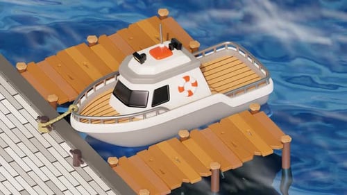 Small Boat: Boat at Rest in Harbor with Gentle Waves. 3D Animation