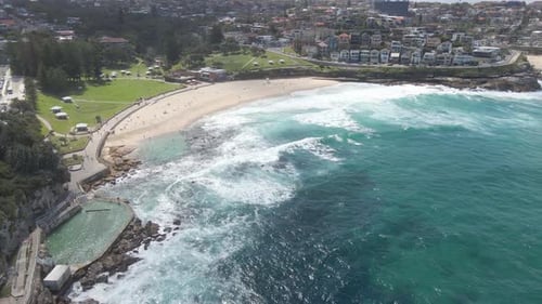 Aerial Of Bronte Baths, Park, And Beach During Pandemic - Tamarama Beach - Sydney, NSW, Australia.