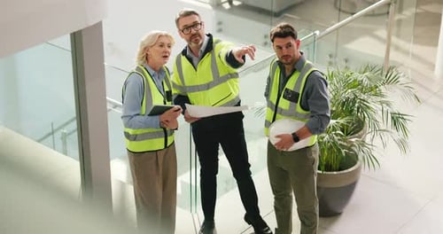Above, construction site and people with blueprint, pointing and feedback in meeting