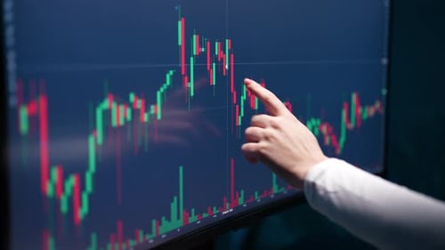 Closeup Hand of Pensive Female Trader Analyzing Graphs and Charts Stock Market on Computer Screen