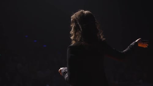 Woman Giving Talk to Audience at Night Event