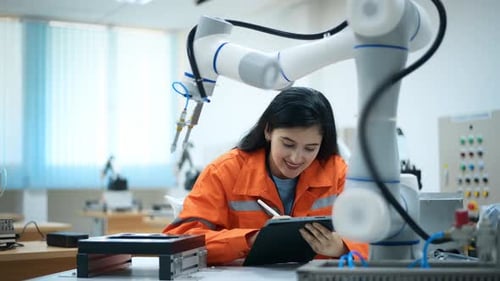 Female Robotics engineer working with Programming and Manipulating Robot Hand