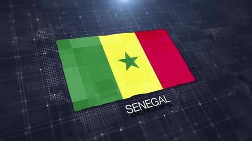 Waving Flag of Senegal on Digital World Map Background