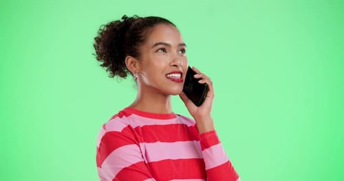 Talking, green screen and phone call for woman, smile and happy with chat with contact for plans