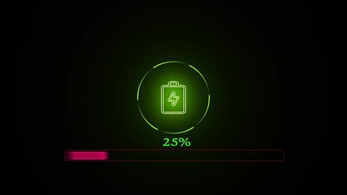 Fortschritts- und Ladebalken mit 0 bis 100 Prozent abgeschlossen und Akku-Icon-Animation