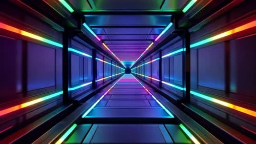 Futuristischer Neon-Sci-Fi-Korridor mit bunten LED-Lichtern