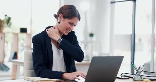 Business, woman and laptop with neck pain in office for muscle strain, inflammation and burnout