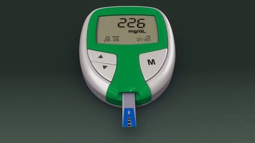 Digital blood glucose monitor showing high sugar level