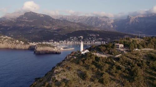 Aerial view of Soller at sunset, Balearic Sea, coastal cliffs, Spain.