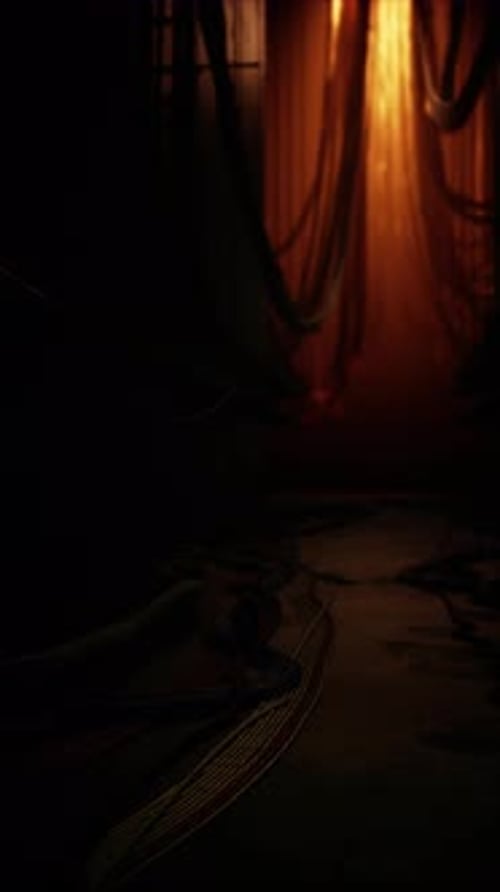 Dimly Lit Room With Green Curtain