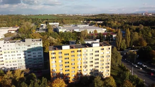 A Sweeping View of the Bus Depot During the Autumn Season in Ostrava City, Czech Republic - Drone Fl