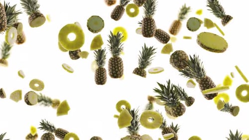Pineapples with Slices Falling on White Background with Alpha Channel