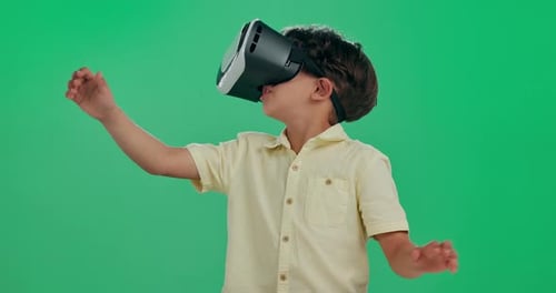 Little boy, vr and future with green screen for interaction, 3D experience