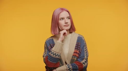 Smiling Woman With Pink Hair Posing
