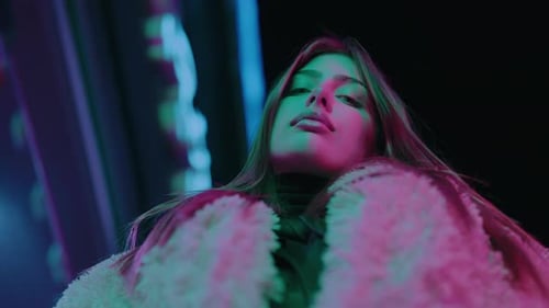 Pretty Female Person Posing in City Center at Night Beauty Lady on Street