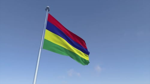 Mauritius National Flag Waving in a Clear Blue Sky