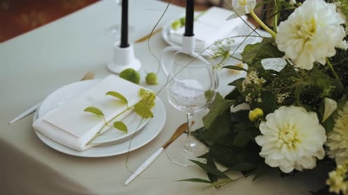 Top View of Beautiful Wedding Decor All Decorated in White Green Colors Style Classic Served Plates