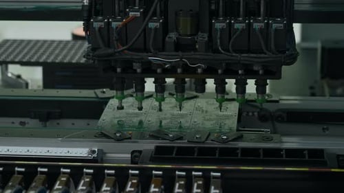 La máquina automática de recoger y colocar está instalando componentes en la placa de circuito.