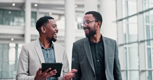 Teamwork, collaboration and walking with business people and tablet for feedback