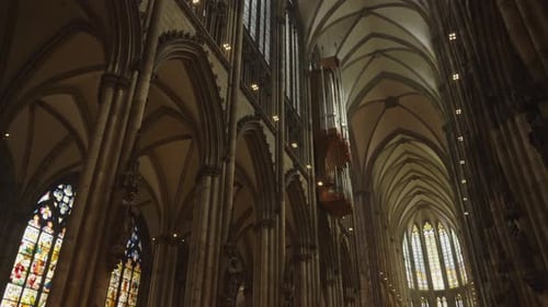 View inside Cologne Cathedral vault or under the dome slow motion. Cologne dom, church. Hohe