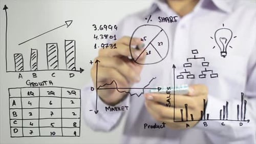 Man Drawing Charts on Transparent White Board