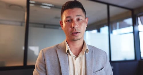 Video call, face and young businessman in the office for legal webinar, conference