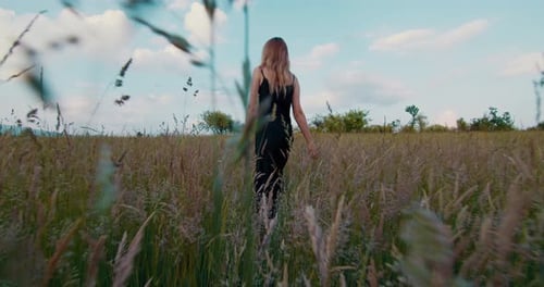 Woman Walks Through Field of Tall Grass