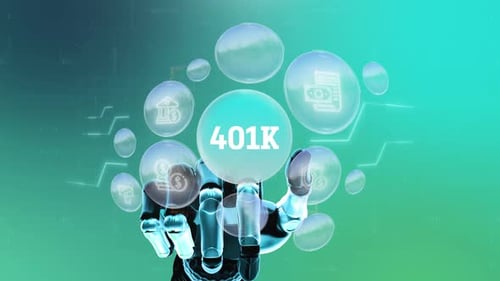 Futuristic Robot Hand Interacting with 401K Financial Icons