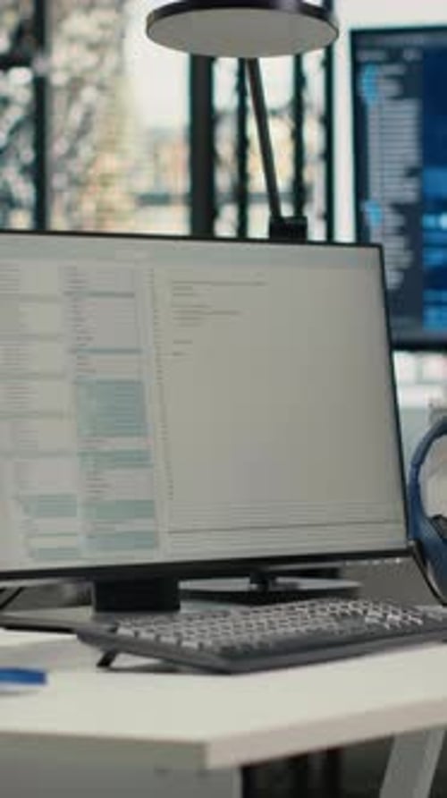 Vertical Video Computer Monitors in Empty Startup Workspace with Cloud Computing AI Resources