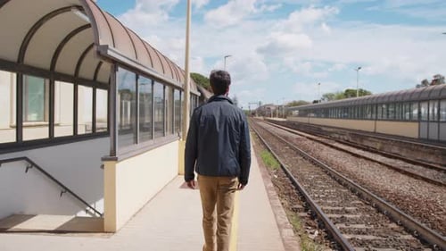 Boy Walks In The Station Waiting For The Train To Arrive
