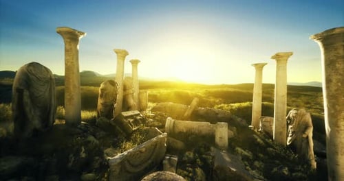 Ruins of Ancient Columns Under a Bright Sunrise in a Lush Valley