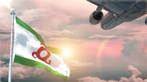 Realistic Waving Flag with Airplane Flying in Sunset Sky