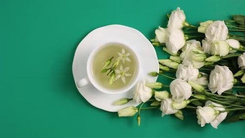 Tea with White Flowers and Roses, Flat Lay