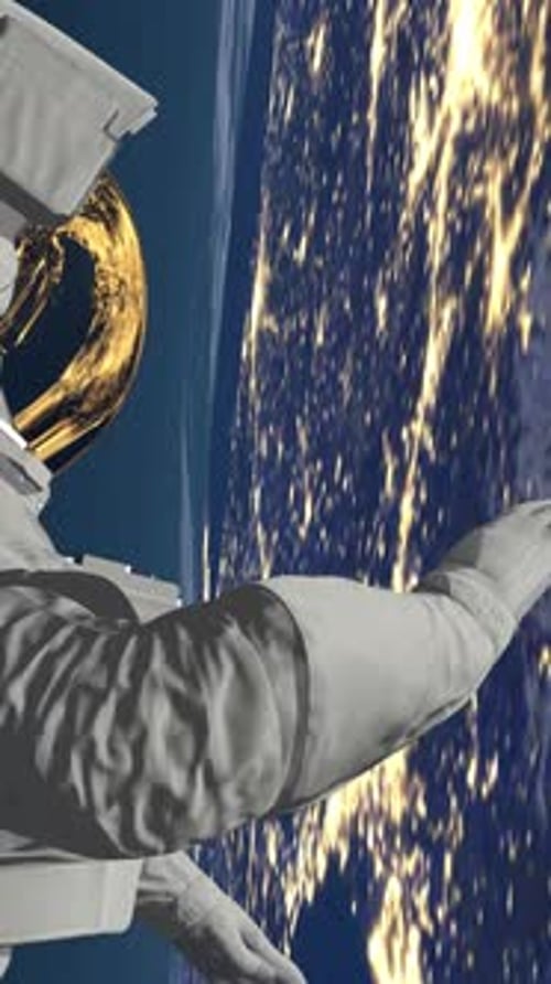 Futuristic Astronaut Floating Above Earth with Glowing City Lights