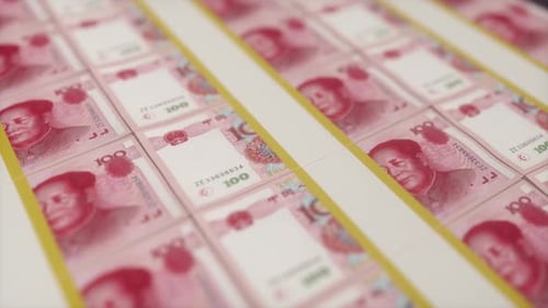 Loop Animation of Chinese Yuan Banknotes on Printing Conveyor