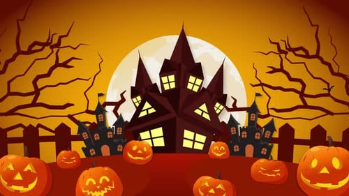 Animated Spooky Halloween Haunted House with Pumpkins and Bats