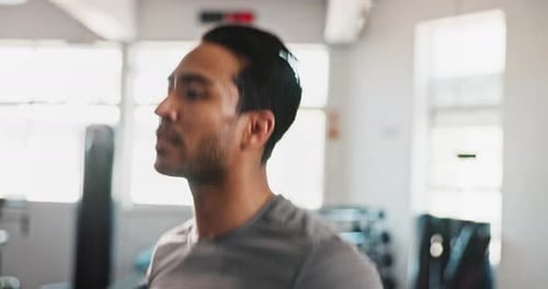 Action, skipping rope or man jumping in gym with fitness for health, training