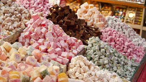 Turkish Delight or Lokum of Red Green Orange and Yellow Colors