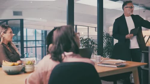 Group presentation, whiteboard and business man explain company agenda, sales plan