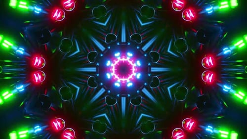 Kaleidoscopic neon lights create mesmerizing, pulsing geometric forms