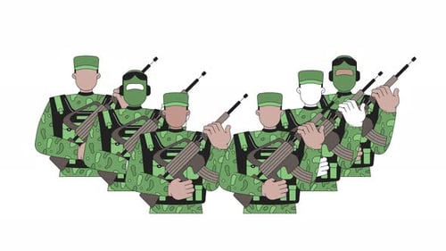 Diverse group of armed soldiers carrying rifles 2D characters animation
