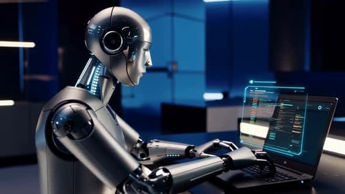 AI Humanoid Robot Coding on Laptop in Modern Office