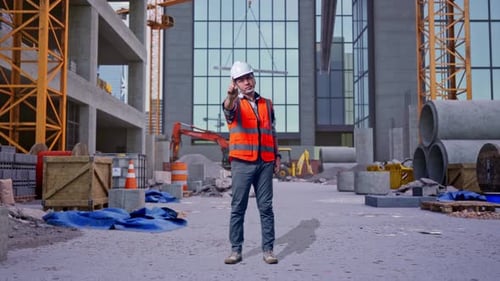 Full Body Of Asian Male Engineer Disapproving With No Index Finger Sign at Construction Site