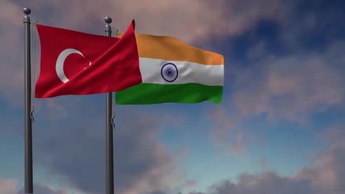 India Flag Waving Along With The National Flag Of The Turkey 2K