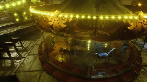 Eerie Nighttime Scene Showcasing Carousel Horses with Glowing Bulbs