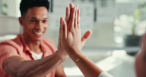 Creative people, high five and happy in office for achievement, colleague support and approval