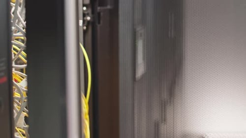 Man Inspecting Cables in a Server Room
