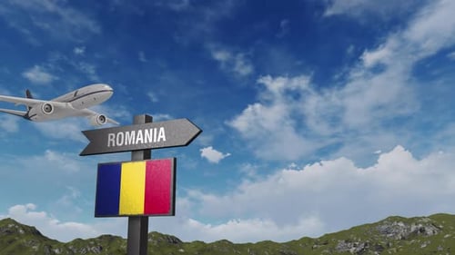 Romania Flag With Airplane And Arrow Sign
