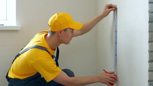 Der Ingenieur macht Markierungen an der Wand